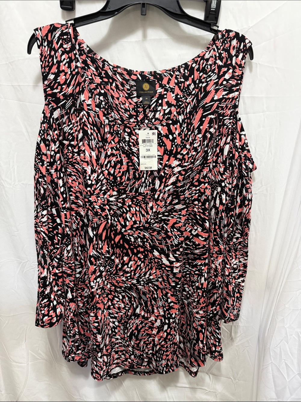 JM Collection Black Coral White Abstract Cold-Shoulder Tunic